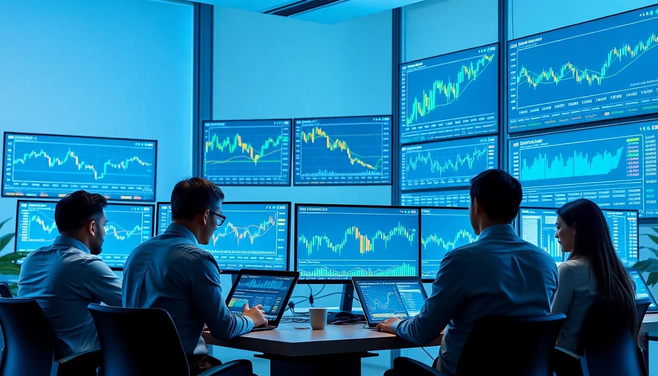 Kryptovaluta kurser displayed on high-tech screens in a modern office.