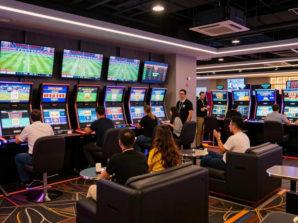 FIVE88 bettors engaging in exciting sports wagering in a stylish casino setting