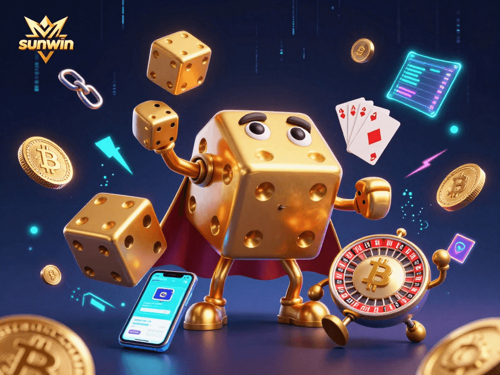 Sunwin ignites excitement in an animated crypto casino scene with golden dice and vibrant coins.