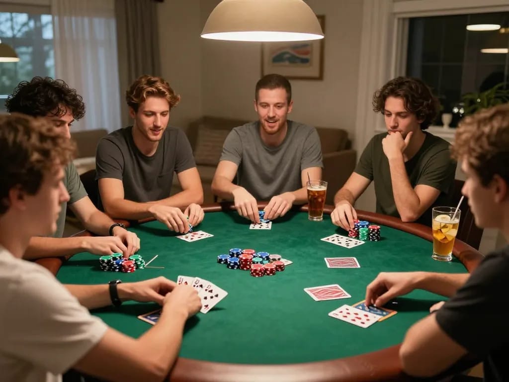 Engaging poker game at home with friends enjoying DU88, colorful chips and cards displayed.