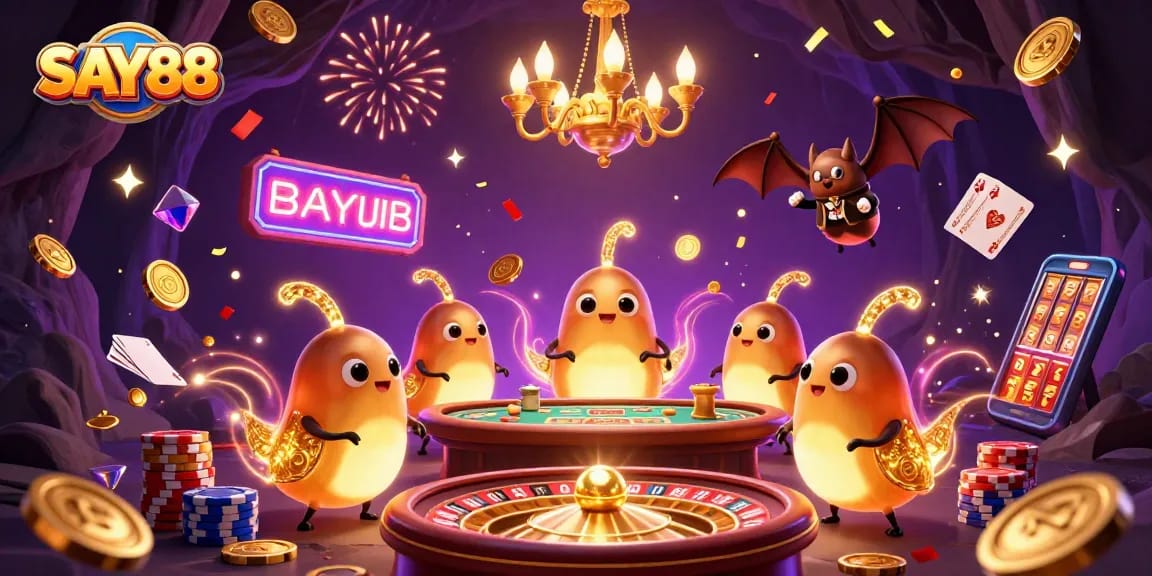 SAY88 illuminates an exciting casino scene with vibrant glowworms and flying coins
