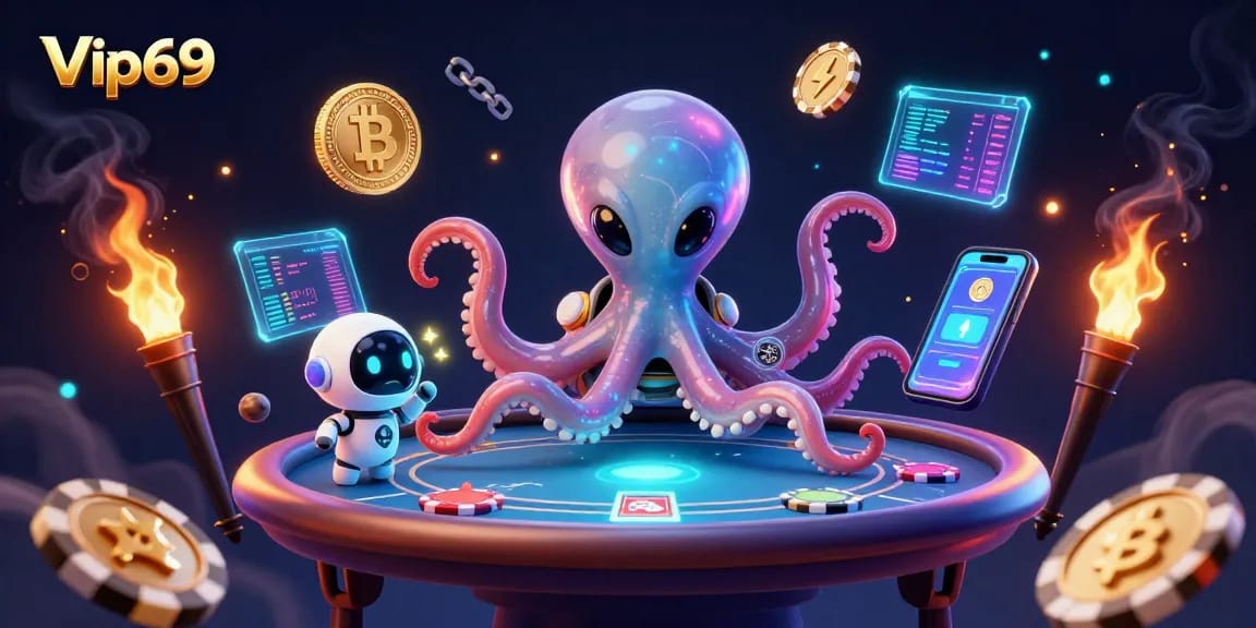 Engage with the thrilling world of Vip69 as a 3D cartoon alien octopus operates a high-tech poker table.