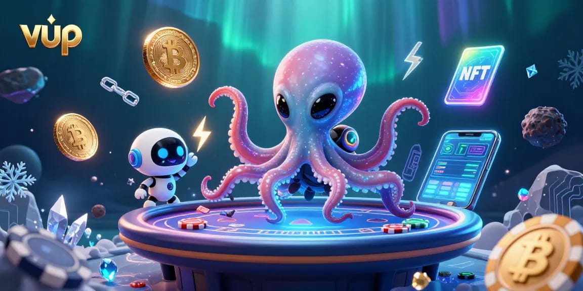 Participate in exciting poker games with vup while cosmic characters navigate a holographic table.