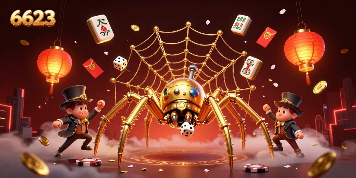 Experience thrilling gameplay at 6623 with a vibrant 3D illustration of a steampunk spider and entertainment elements.
