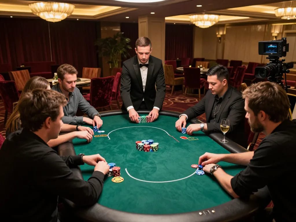 Kuwin players engaging in strategic poker game at a luxury casino table, showcasing intensity and excitement.