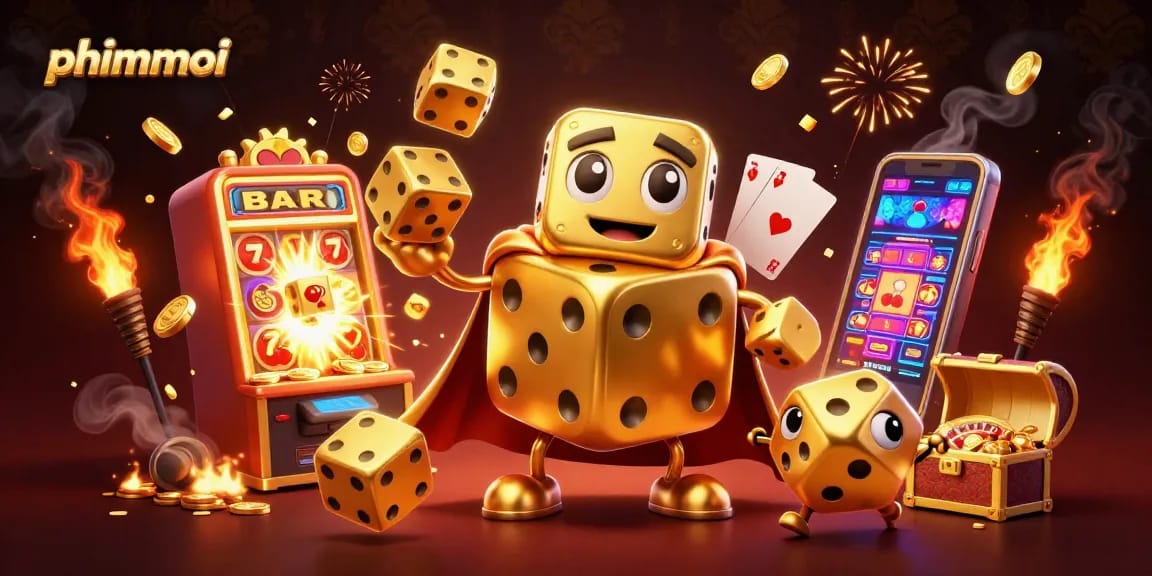 Experience phimmoi with this vibrant casino-themed illustration featuring golden dice and slot machines.