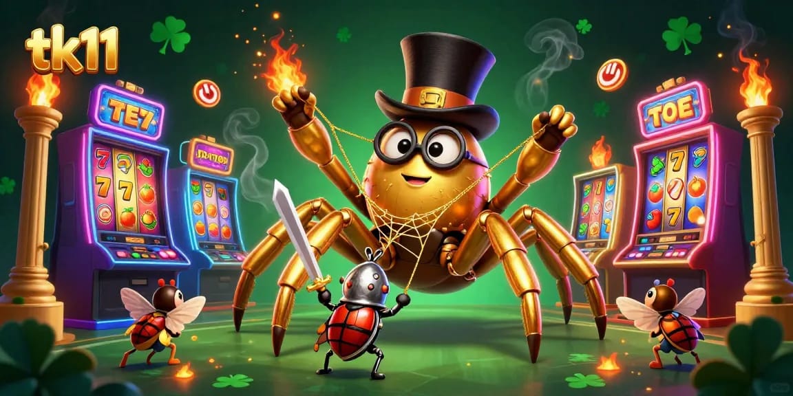 Experience tk11 with a vibrant casino scene showcasing a golden tarantula and beetle knight amid slot machines.