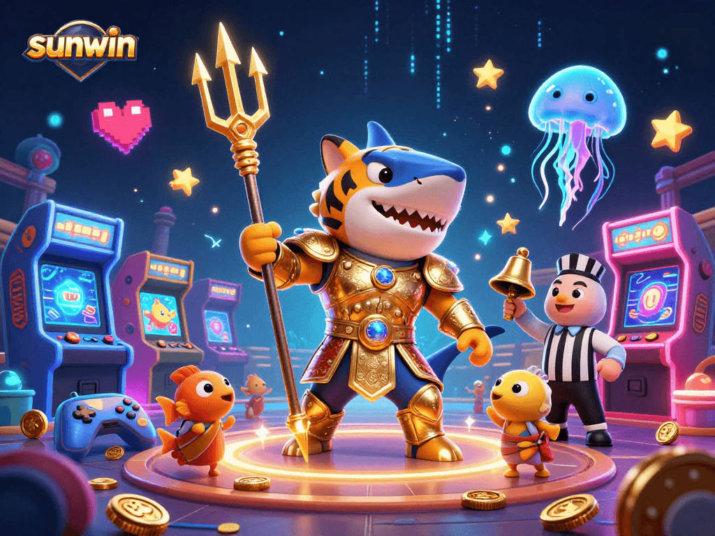 Engage with sunwin's thrilling underwater casino featuring a fierce tiger shark and dynamic gaming elements.