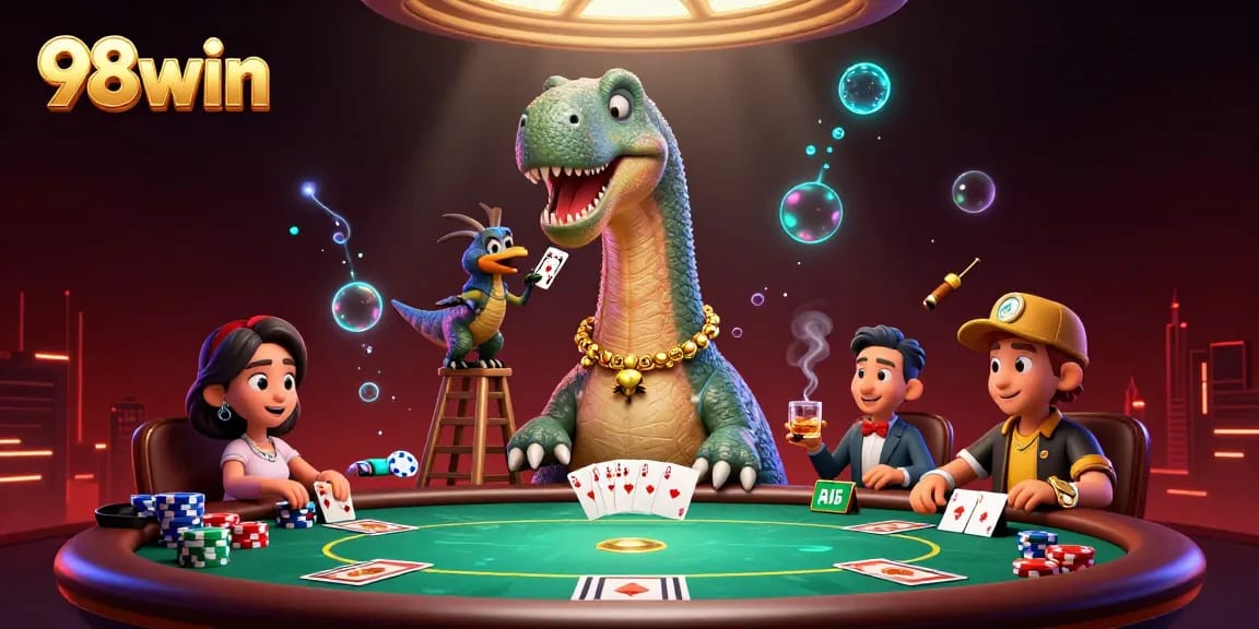 Engage with 98win's vibrant 3D casino scene featuring a brontosaurus and clever raptor dealing cards.