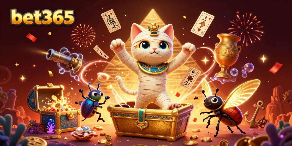 Experience thrilling gaming at bet365 with an Egyptian mummy cat and golden treasures.