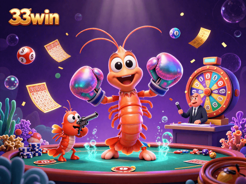 Engage with 33win's animated lottery adventure featuring vibrant characters and dynamic elements for immersive fun.
