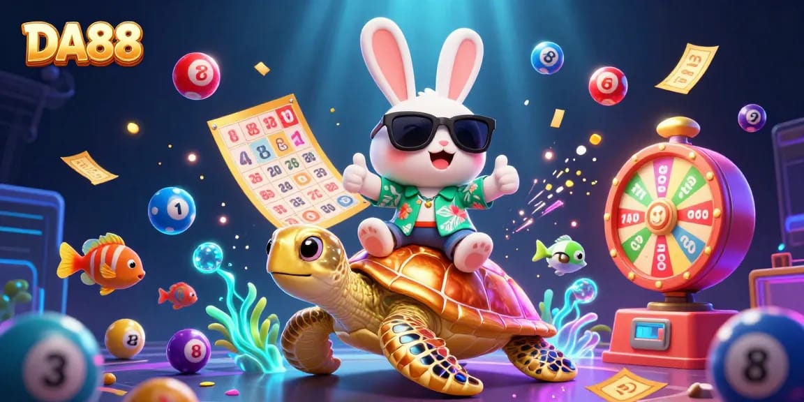 Join the thrilling action of DA88 while celebrating with colorful lottery elements and an energetic scene.