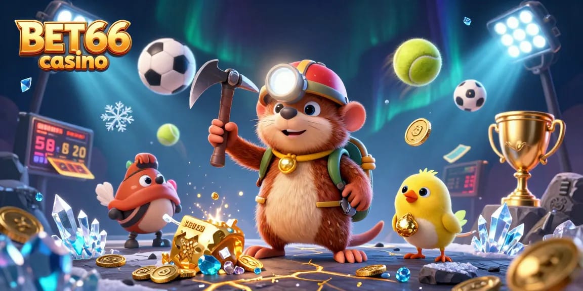 BET66 casino showcases gaming excitement with a treasure hunter in a vibrant, immersive scene.