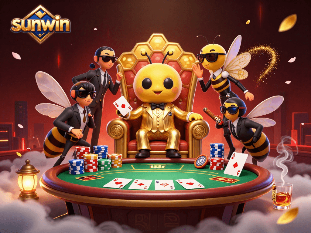 Sunwin captures a vibrant poker scene with a bumblebee mob boss and colorful game elements.