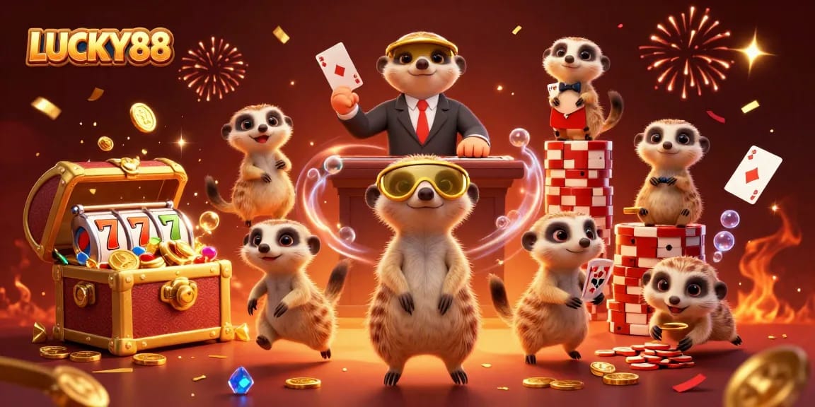 Engage with LUCKY88 slot game action featuring meerkat dealers, gold coins and festive atmosphere.