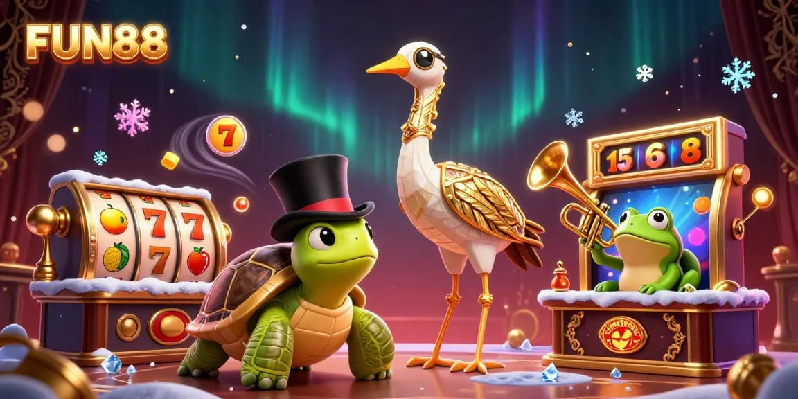 Experience FUN88's vibrant and dynamic casino scene featuring entertaining characters and engaging slot elements.
