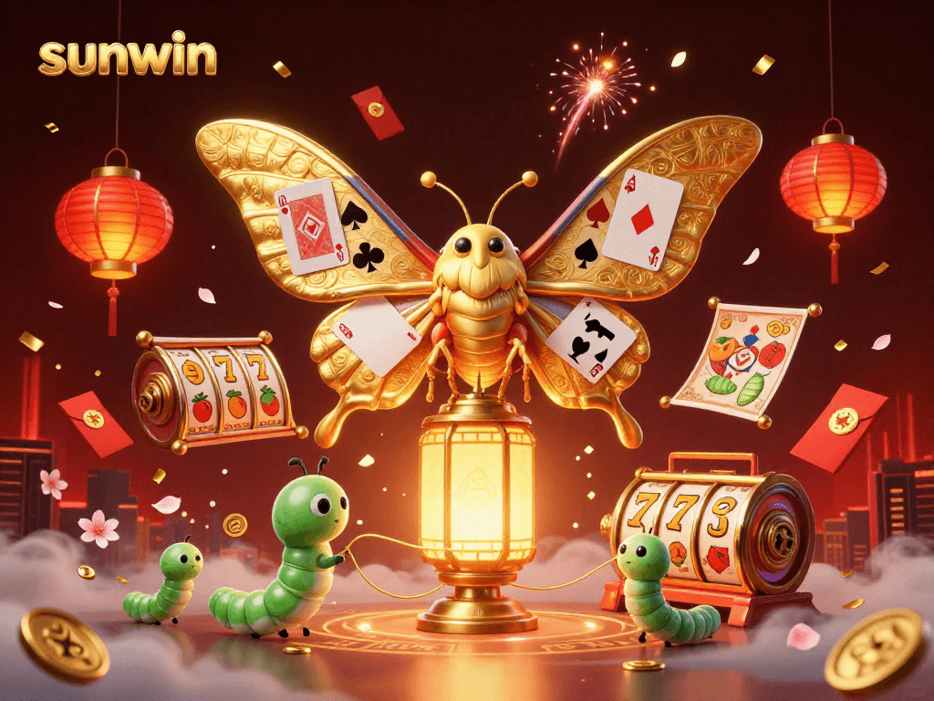 Experience thrilling slots action at sunwin with a vibrant, magical casino scene featuring an atlas moth and lucky symbols.