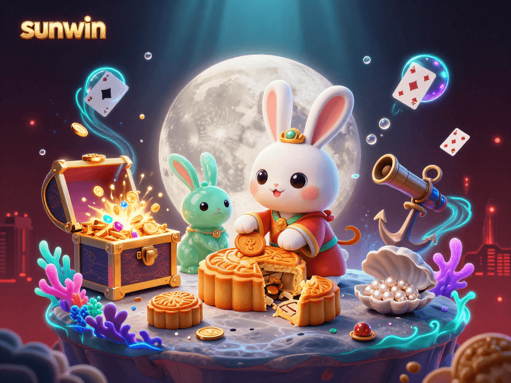 Experience the thrill of sunwin with a vibrant 3D scene featuring a moon rabbit and casino elements.