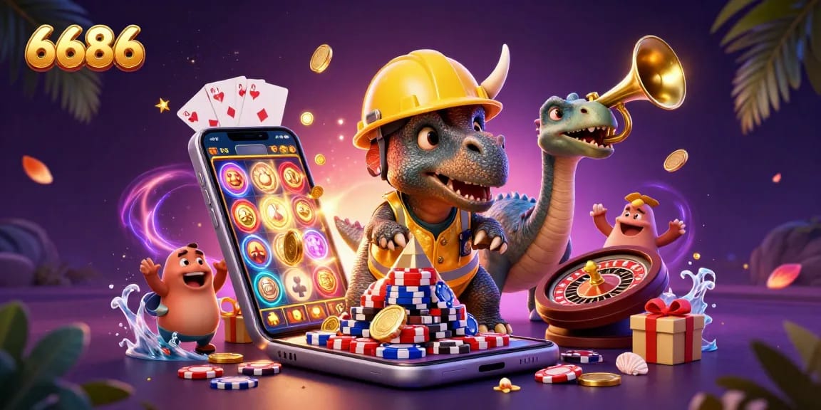 Cheer as 6686 transforms gameplay with 3D cartoon dinosaurs and vibrant casino elements.