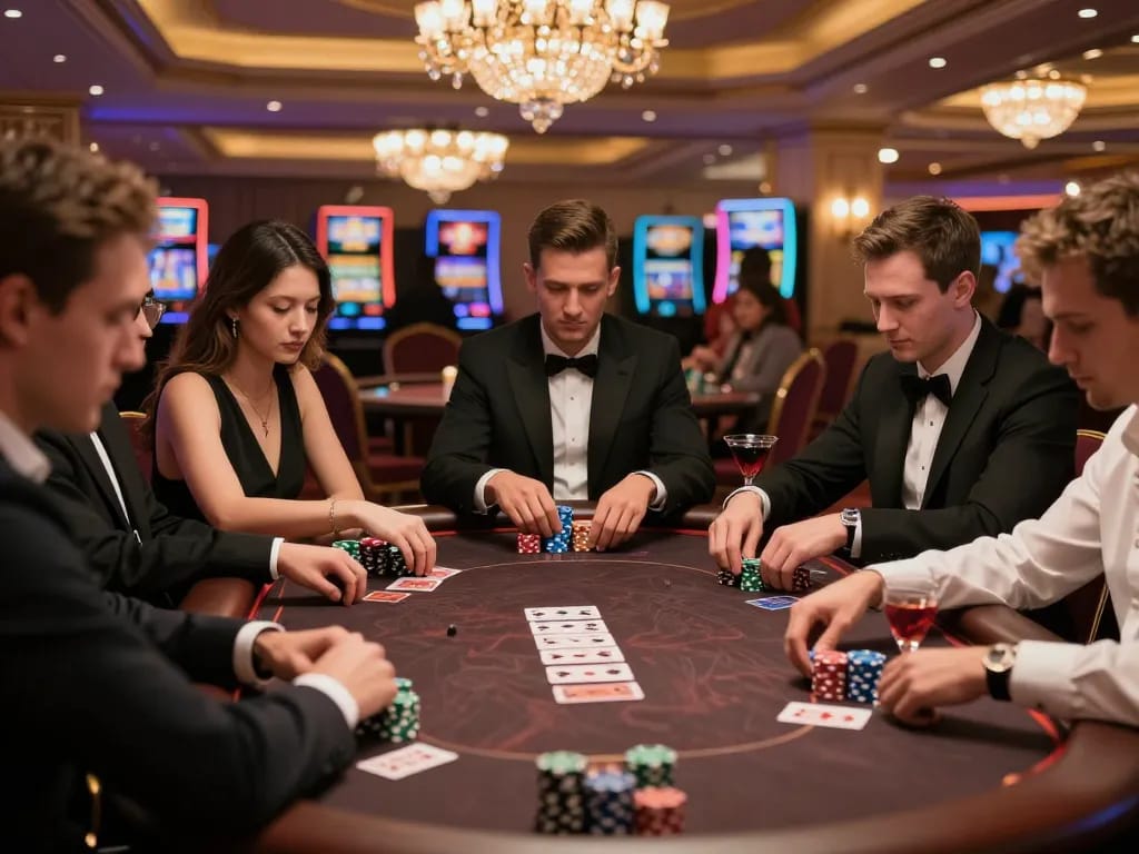 Poker players engaged in a strategic game at RED88 casino, surrounded by chips and cards.