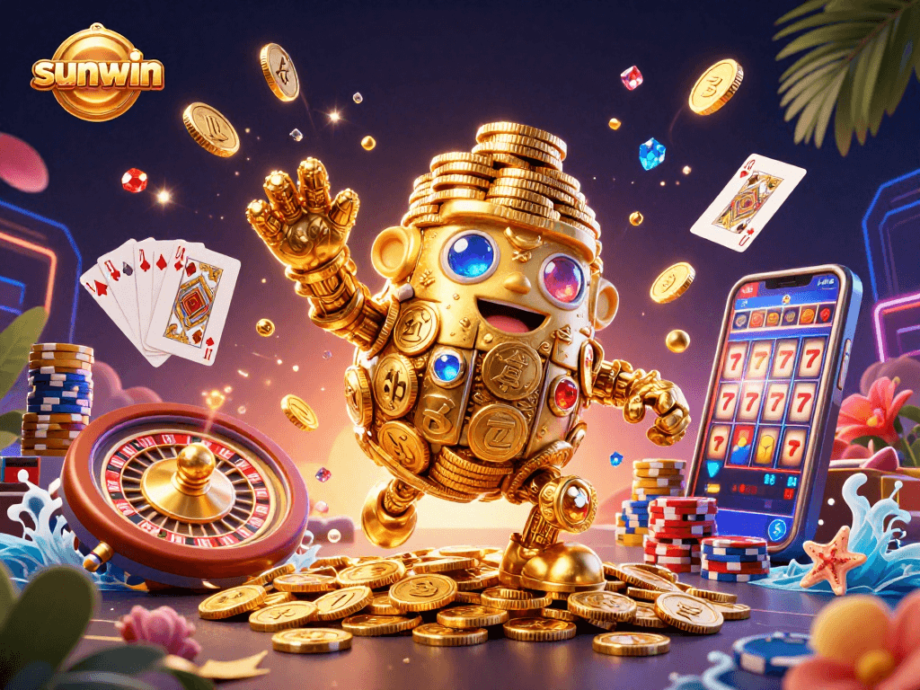 Spin and win with sunwin's lively 3D illustration featuring gambling elements like coins, cards, and roulette.