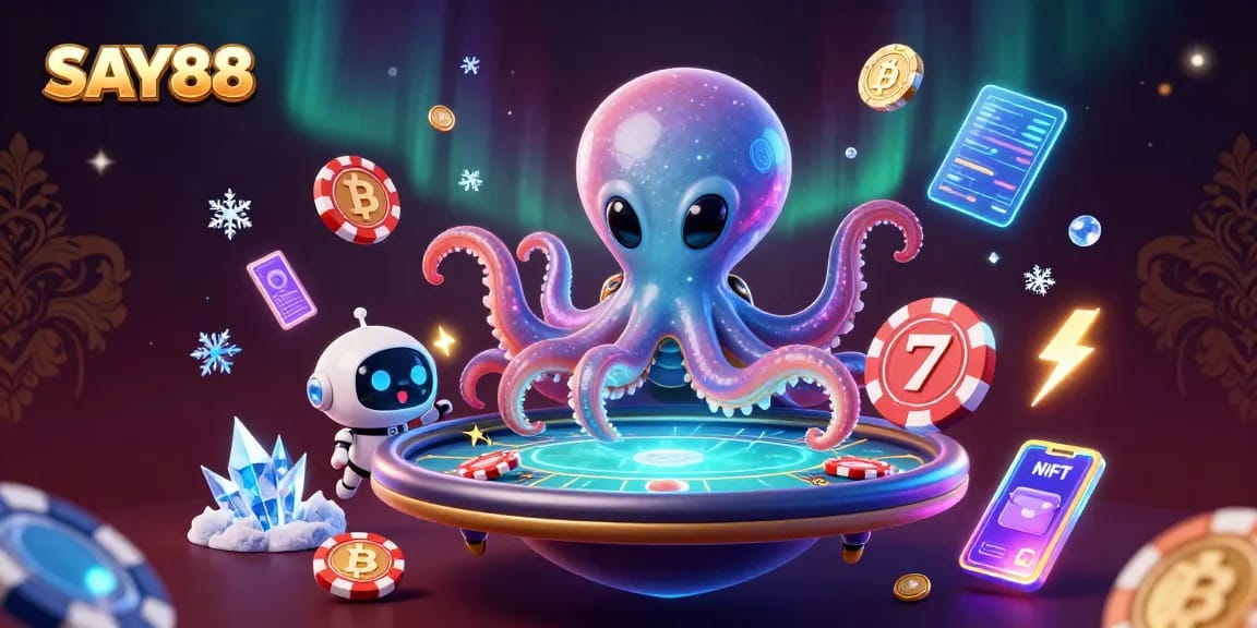 SAY88 showcases an alien octopus at a holographic poker table amidst floating cryptocurrency elements.