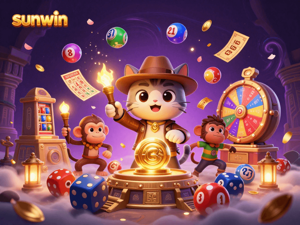 Experience the excitement of sunwin with a vibrant 3D casino scene featuring animated exploring characters.