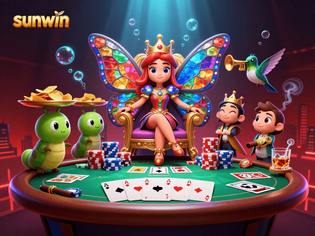 Bet on sunwin with a vibrant butterfly queen and dynamic poker scene packed with color.