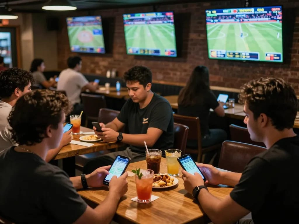 Patrons engaging with sports betting app at VA88 sports bar while enjoying cocktails