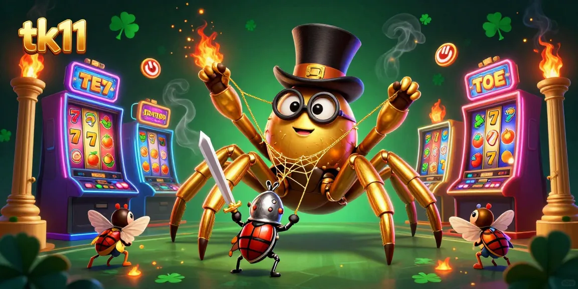 Experience tk11 with a vibrant casino scene showcasing a golden tarantula and beetle knight amid slot machines.