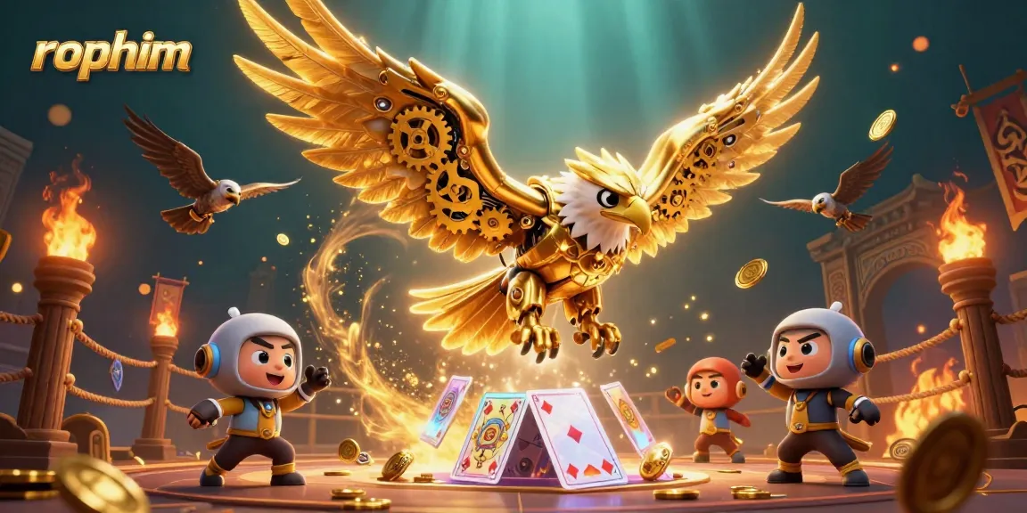Experience rophim's thrilling casino atmosphere featuring a golden eagle amidst holographic cards.