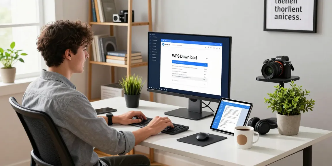 Engaged professional using WPS Download in a modern home office setup with tech tools and natural light.