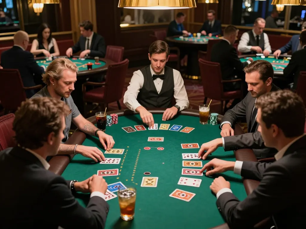 Engaged players strategizing in a high-stakes blackjack game at xx88bet casino atmosphere.
