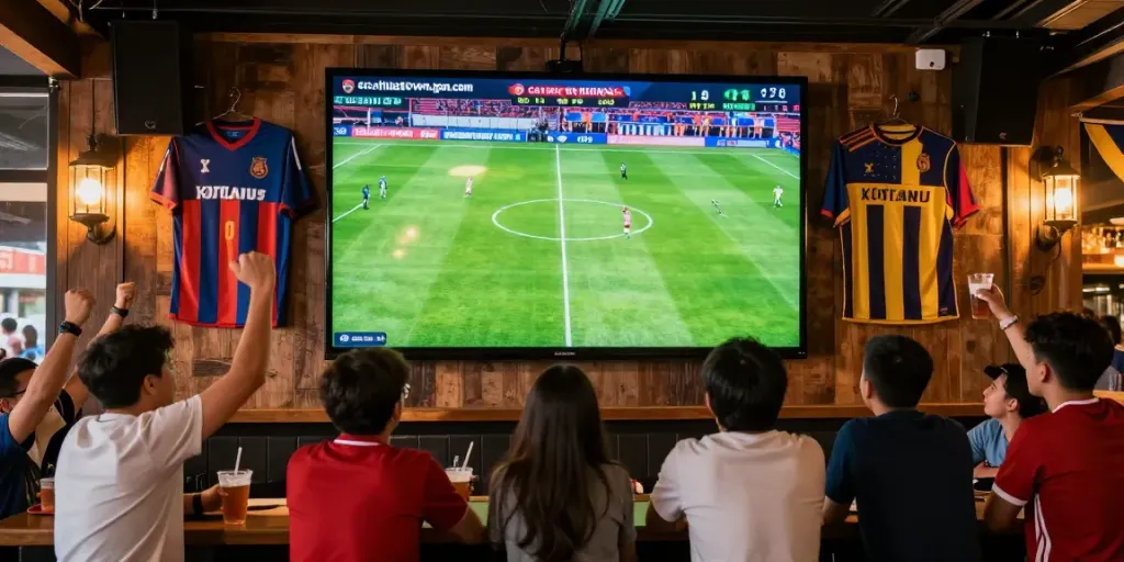 Fans enjoying live football matches at cakhiatvvn.jpn.com in a vibrant outdoor sports bar.