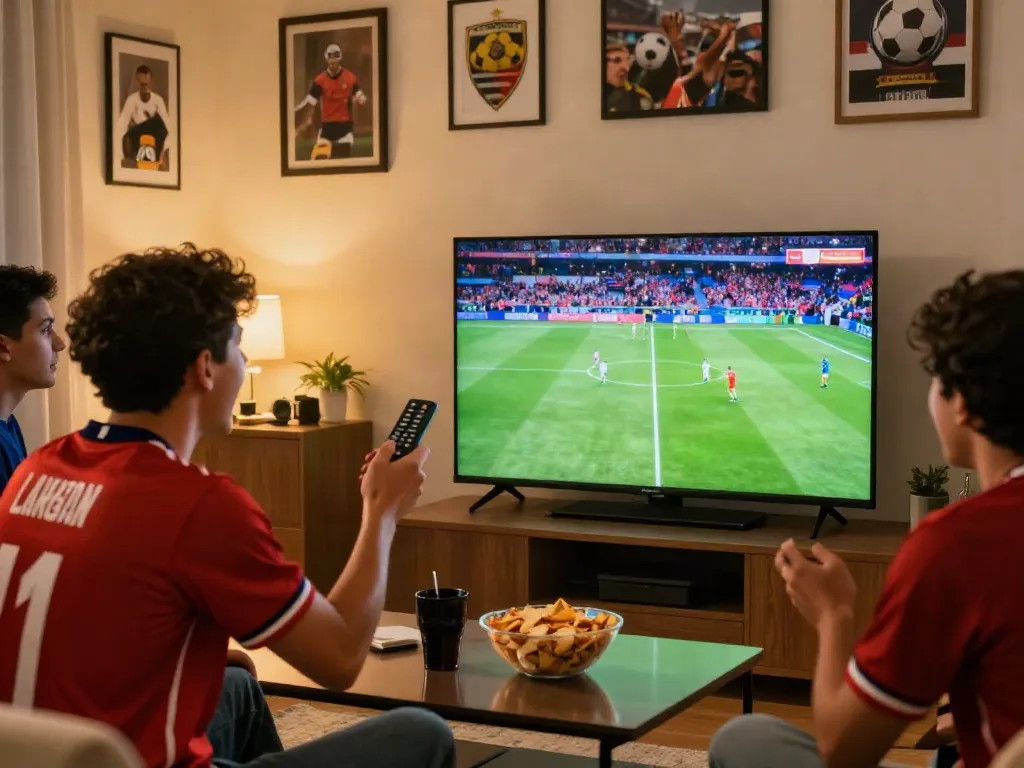 Fan enjoying a live match on xoilactvx.me with friends in a cozy living room.
