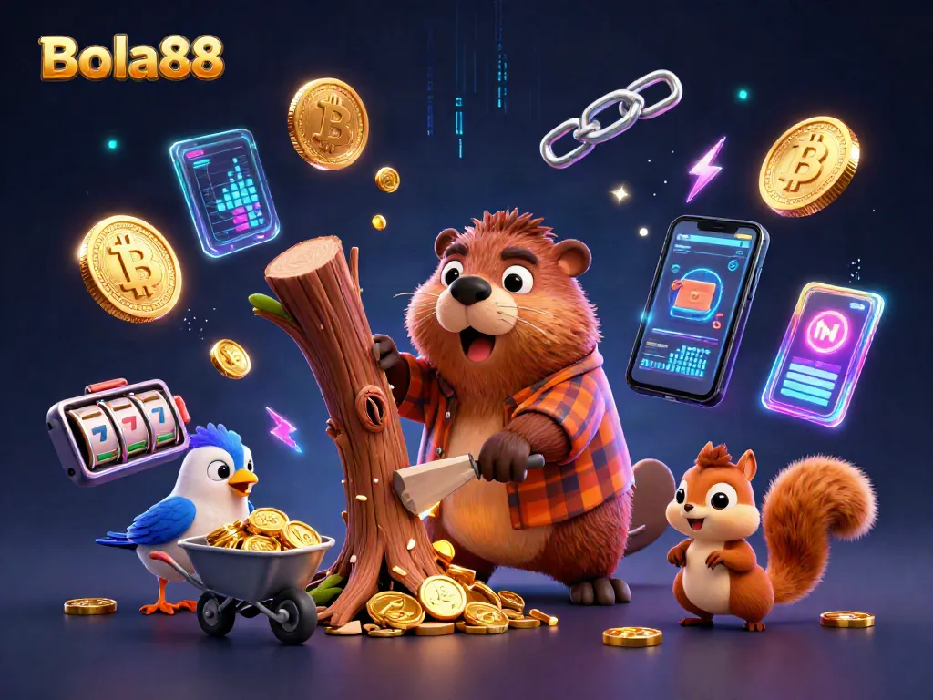 Bola88 promotes thrilling slot adventures with a beaver and friends in a vibrant 3D illustrated scene.