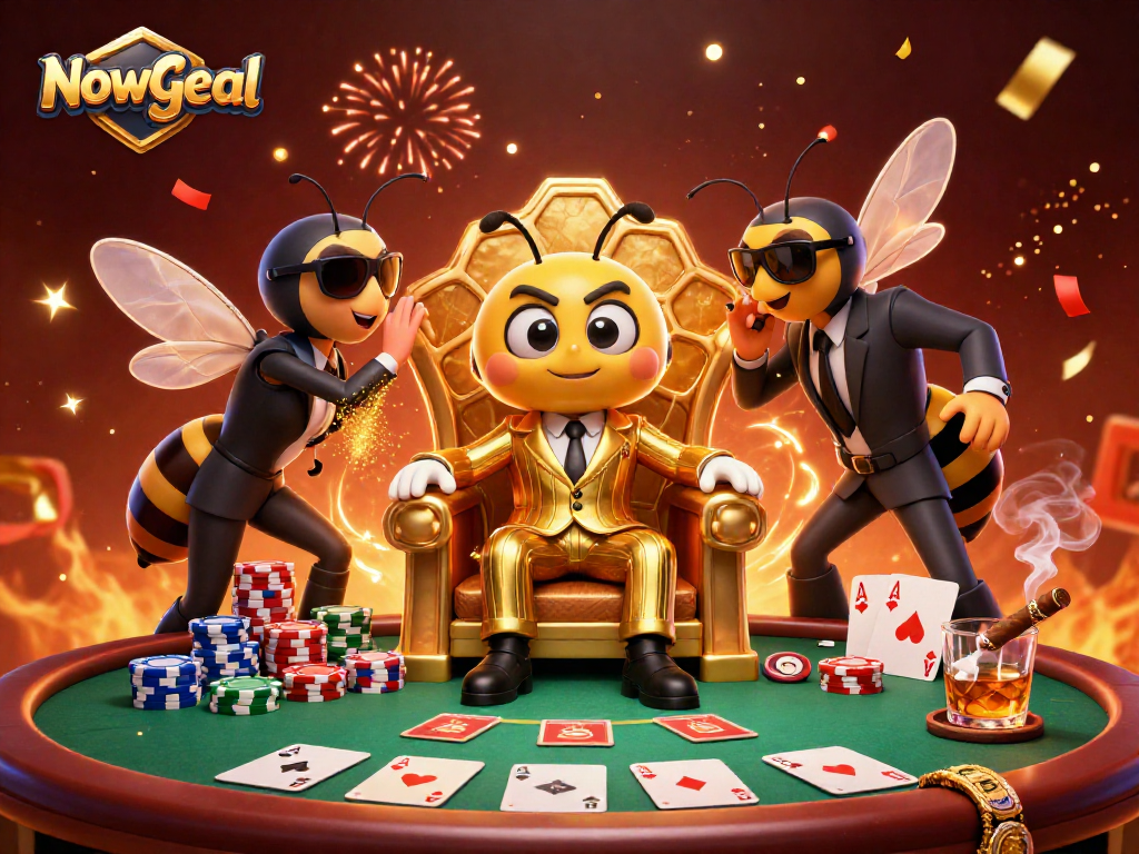 Engage with Nowgoal in this vibrant poker scene featuring a bumblebee mob boss and dazzling tournament elements.