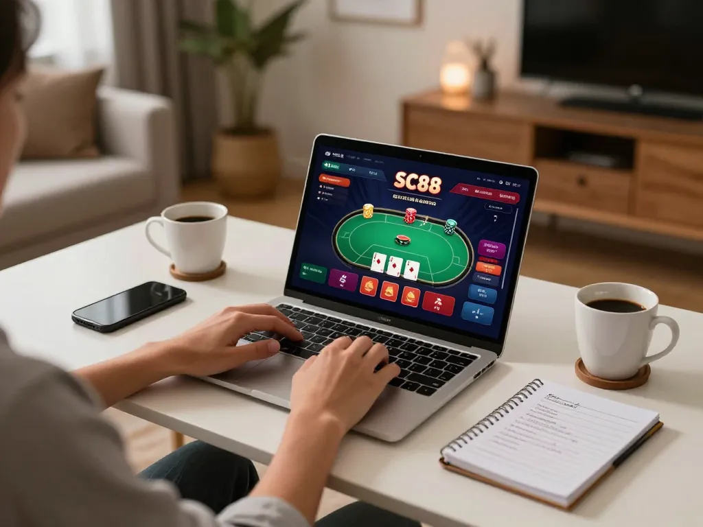 Engaging SC88 online poker game interface on a laptop at home, showcasing responsible gaming.