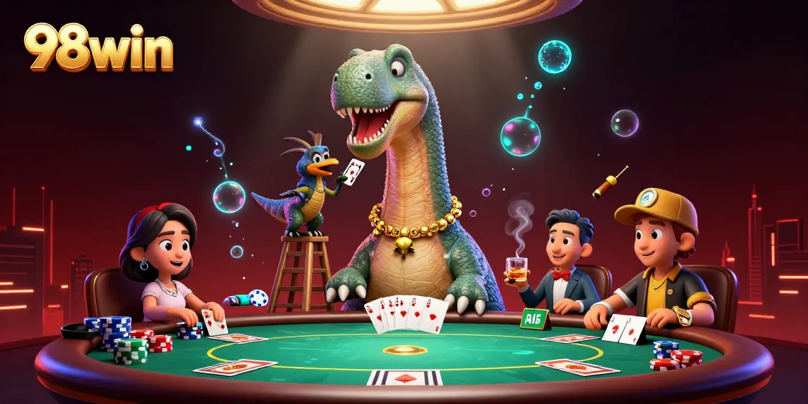 Engage with 98win's vibrant 3D casino scene featuring a brontosaurus and clever raptor dealing cards.
