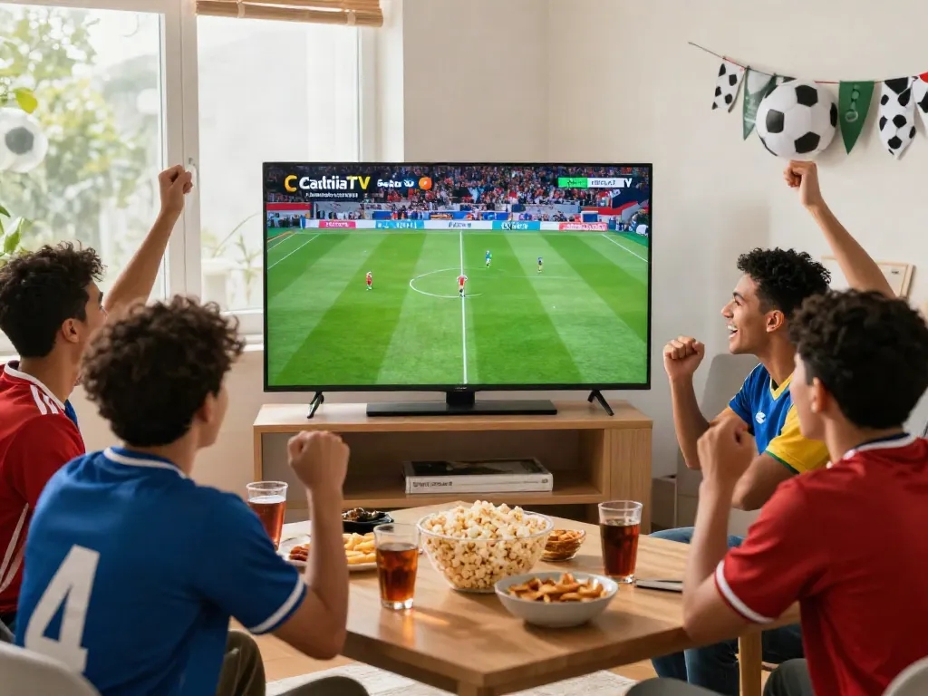 CakhiaTV viewers enjoying a live football match with excitement and camaraderie.