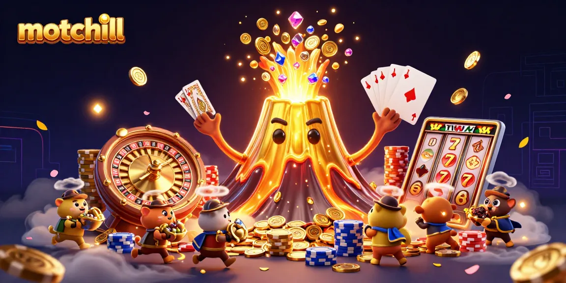 Watch motchill characters celebrate triumphs with cascading treasures in this vibrant casino scene.