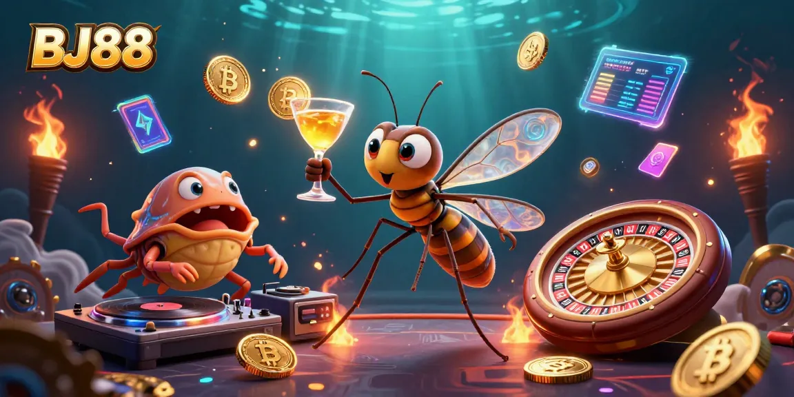 Engage with BJ88 at the casino with vibrant, dynamic characters and crypto elements in a lively 3D scene.