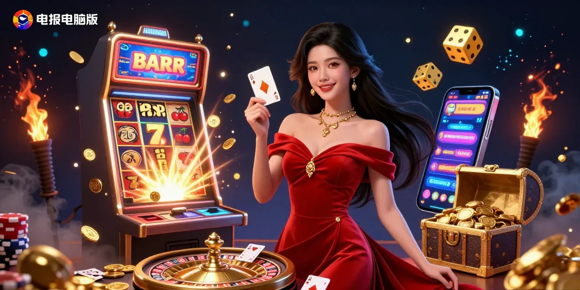 与电报电脑版一起玩刺激的赌场游戏,旁边是一位华丽的女性和轮盘及大奖元素。