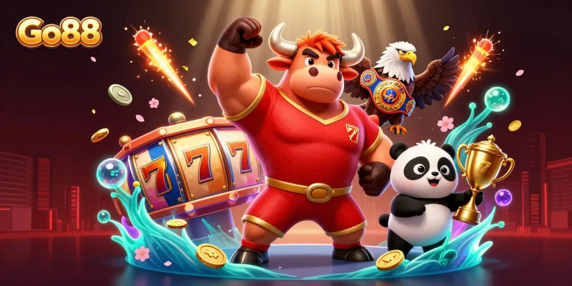 Spin the slots at Go88 with dynamic casino characters celebrating wins and vibrant game elements!