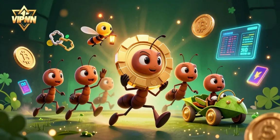 Team of ants on a heist for a golden poker chip, featuring VIPWIN brand elements, with crypto coins and digital interfaces.