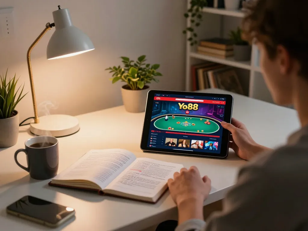 Play poker on Yo88 while strategizing with notes and enjoying a cozy home setup