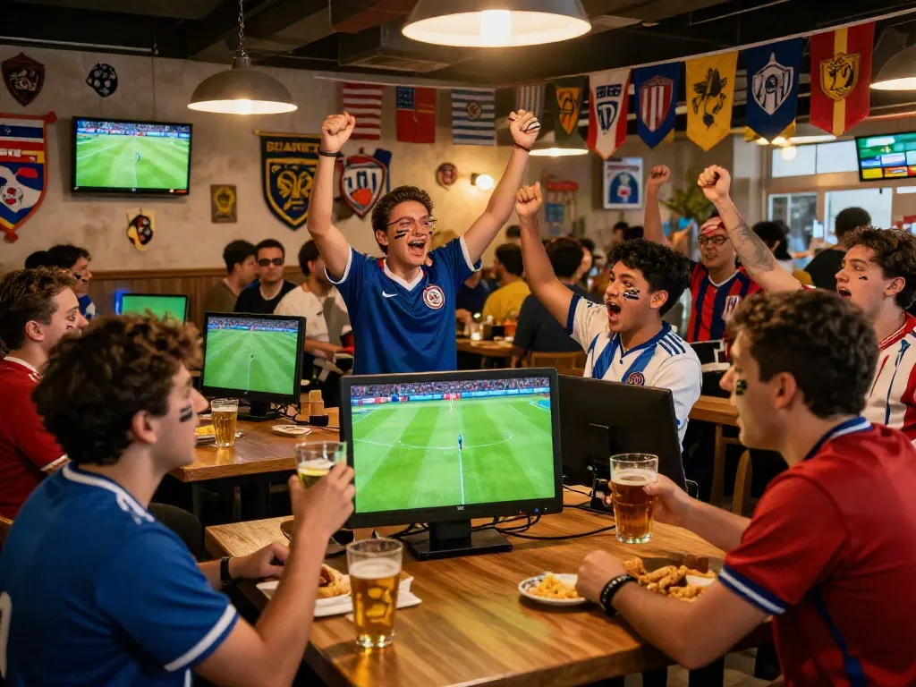 Engaged soccer fans enjoying live matches on xoilactvlive.net in a vibrant sports bar setting.