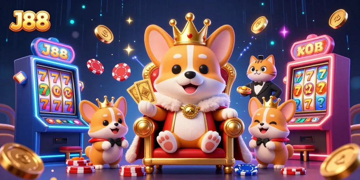 Experience the vibrant world of J88 casino with a royal corgi throne and colorful slot machines!