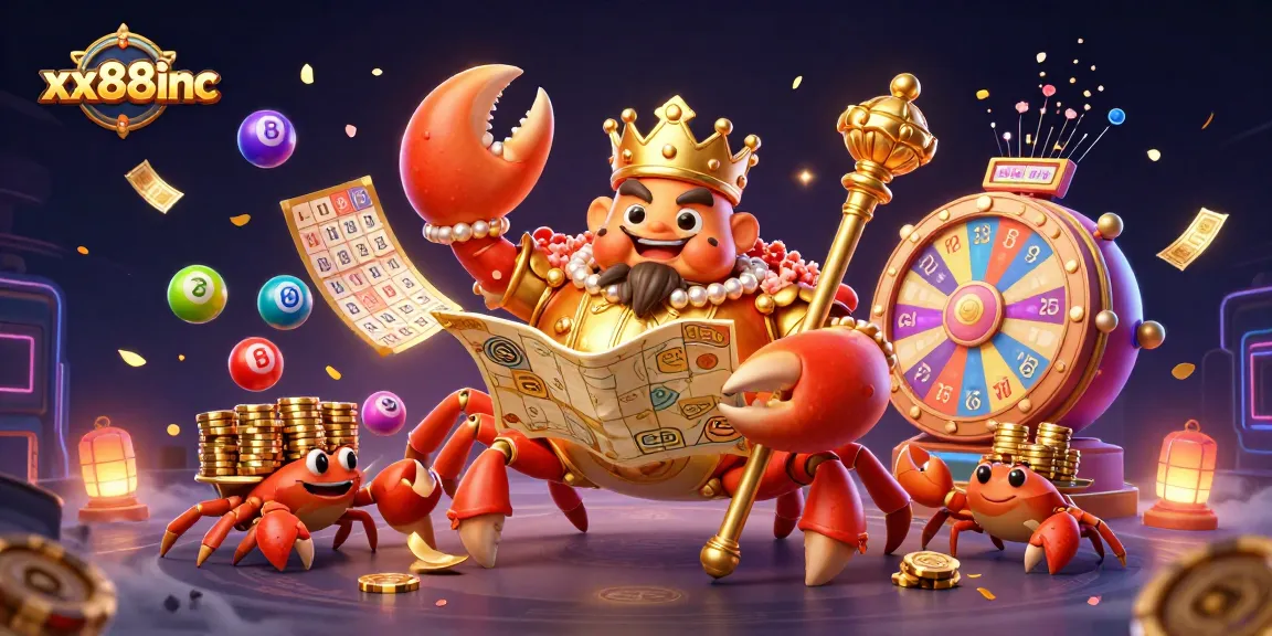 Experience the thrill of winning at xx88inc with vibrant lottery balls and a golden crab emperor.