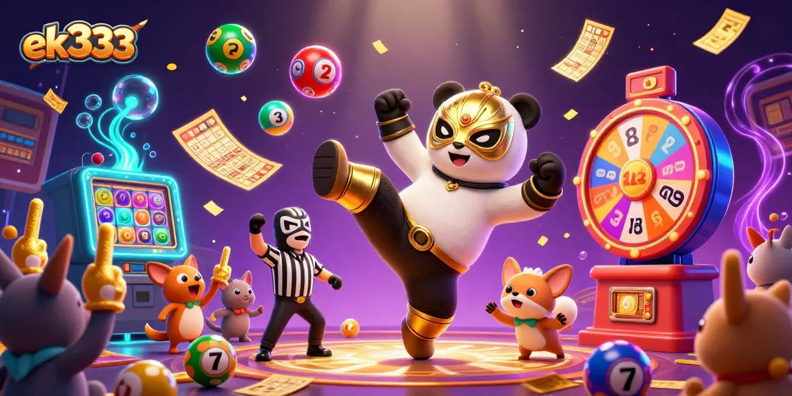 ek333 showcases an energetic scene with a panda wrestler and colorful gambling elements